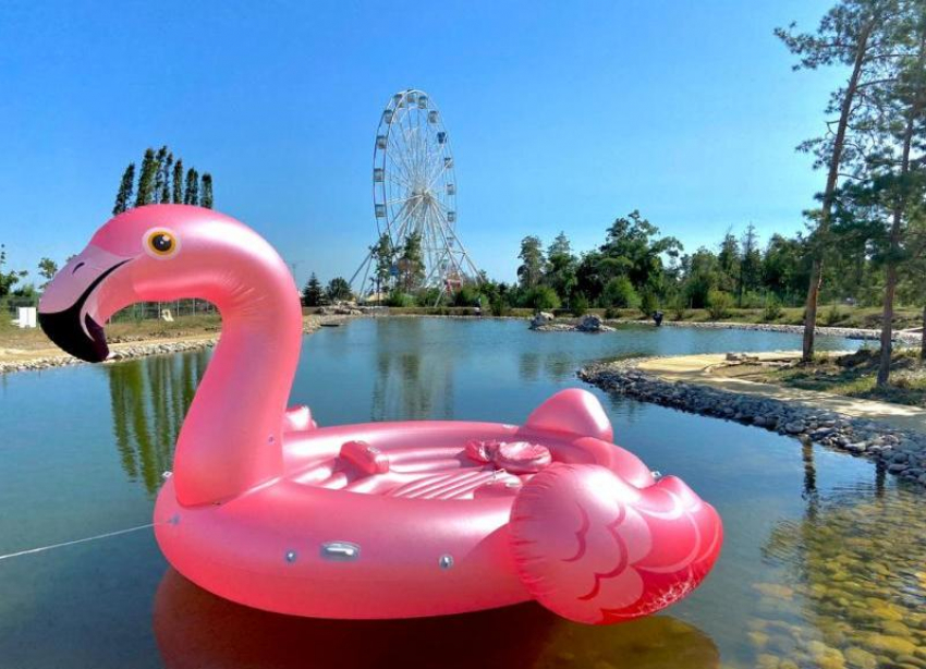 Гигантский розовый фламинго появился на пруду в ЦПКиО в Волгограде