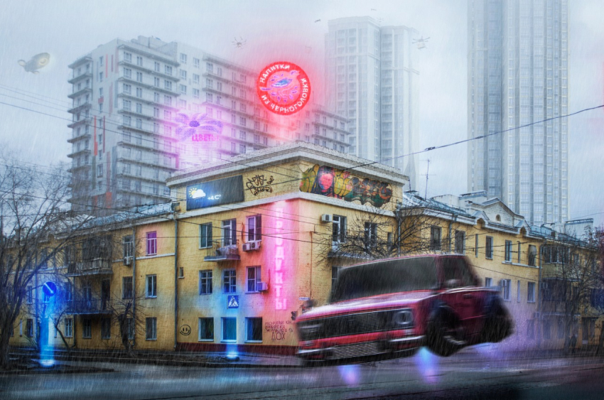 Голограммный Ленин и много неона: киберпанковый Волгоград будущего показала фотограф
