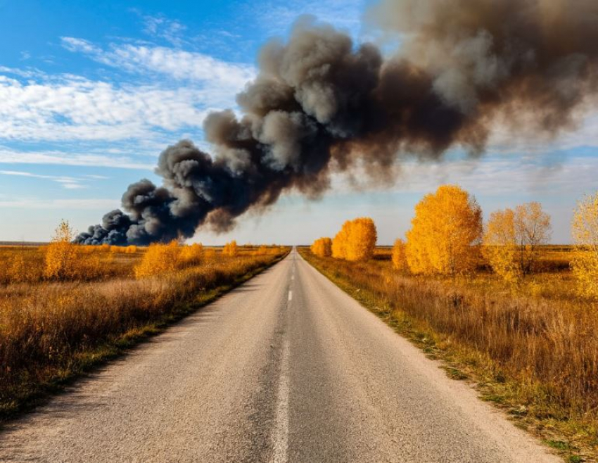 «Черный дым закрыл небо»: вспыхнувший прицеп устроил степной пожар на трассе под Волгоградом