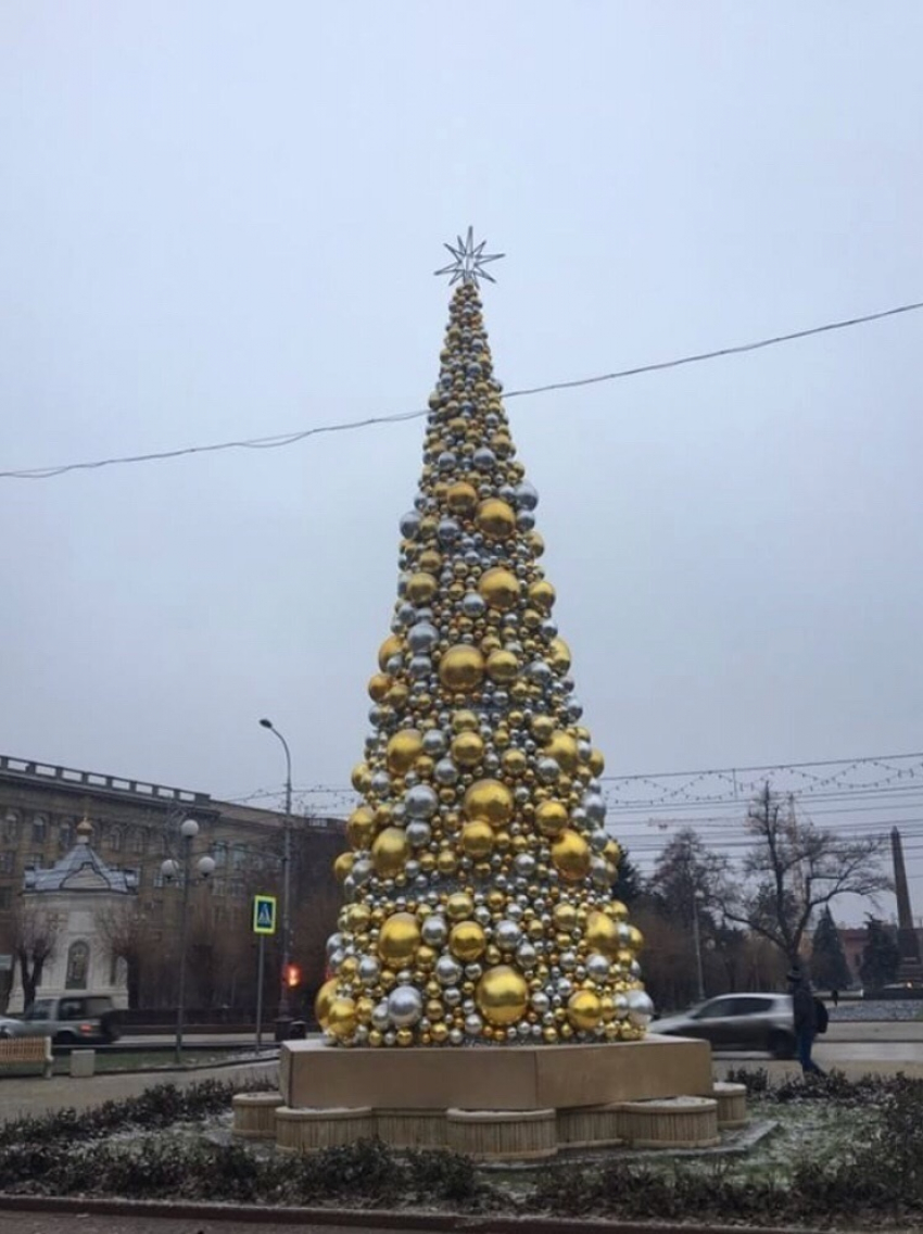 Волгоградцы вовсю фотографируют 12-метровую золотую ель на Аллее Героев