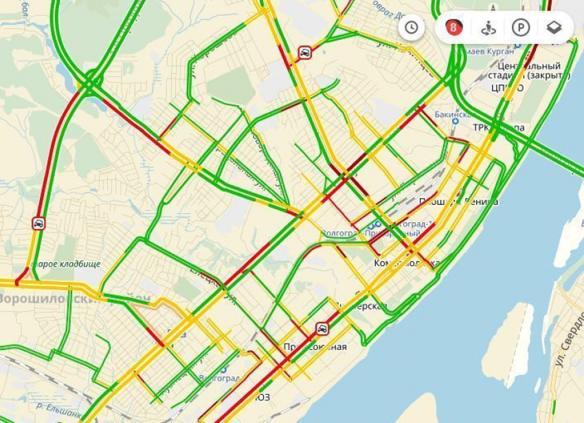 Волгоград встал в восьмибалльные пробки