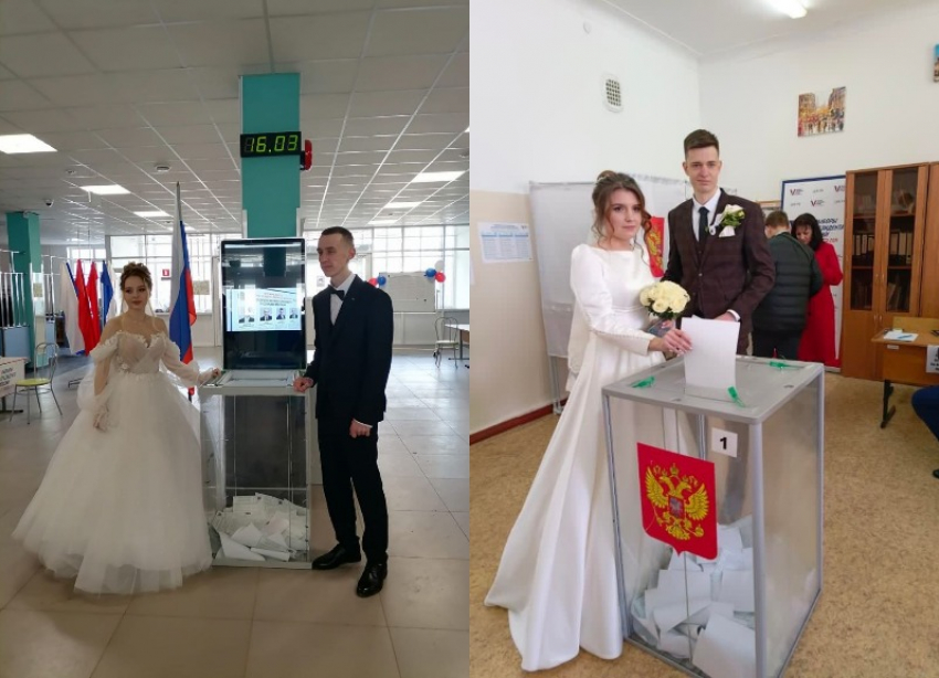 Женихи и невесты после ЗАГСа приходят голосовать в Волгограде 